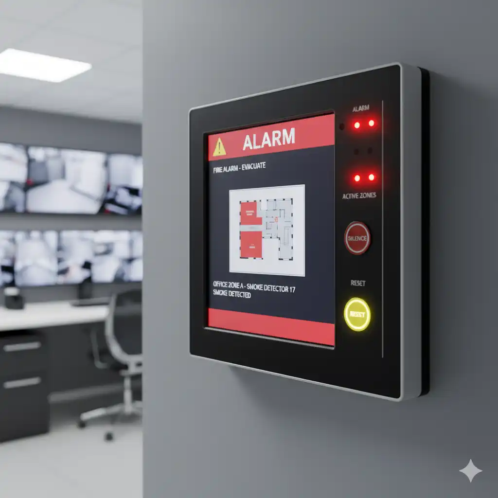 Fire alarm system control panel aktif menandakan deteksi dini kebakaran