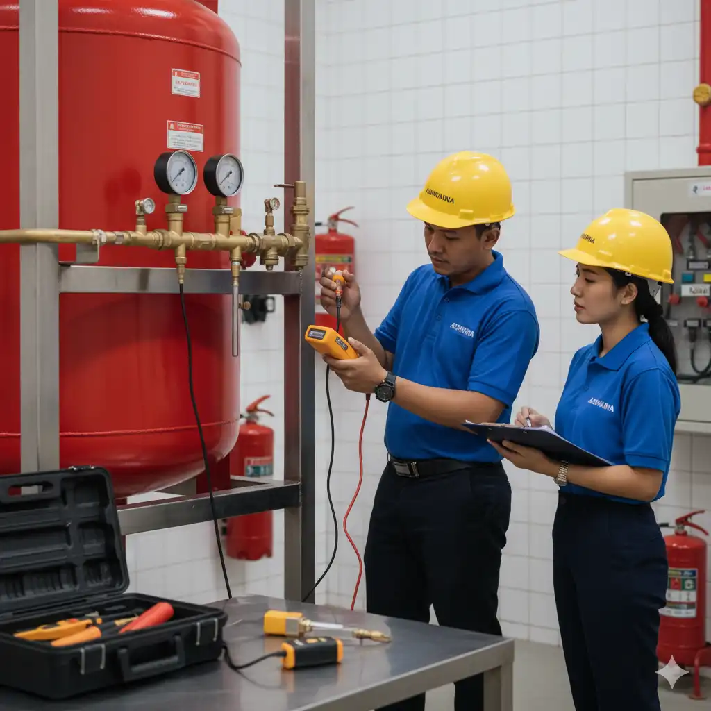 Teknisi Adiwarna memeriksa tekanan dan kondisi bladder tank untuk pemeliharaan sistem proteksi kebakaran