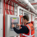 Teknisi kontraktor fire protection memeriksa fire alarm control panel di gedung komersial — Adiwarna Anugerah Abadi