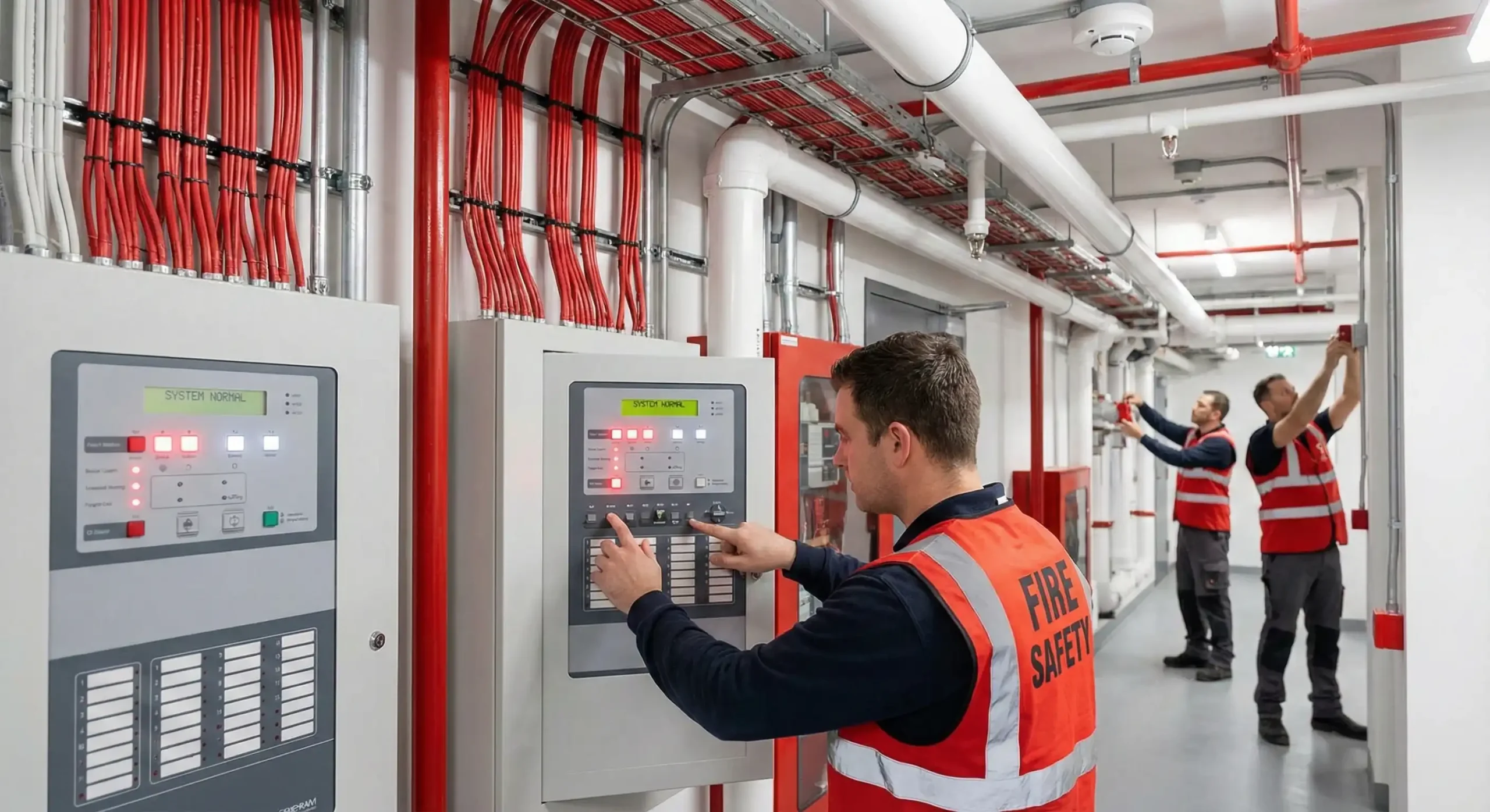 Teknisi kontraktor fire protection memeriksa fire alarm control panel di gedung komersial — Adiwarna Anugerah Abadi